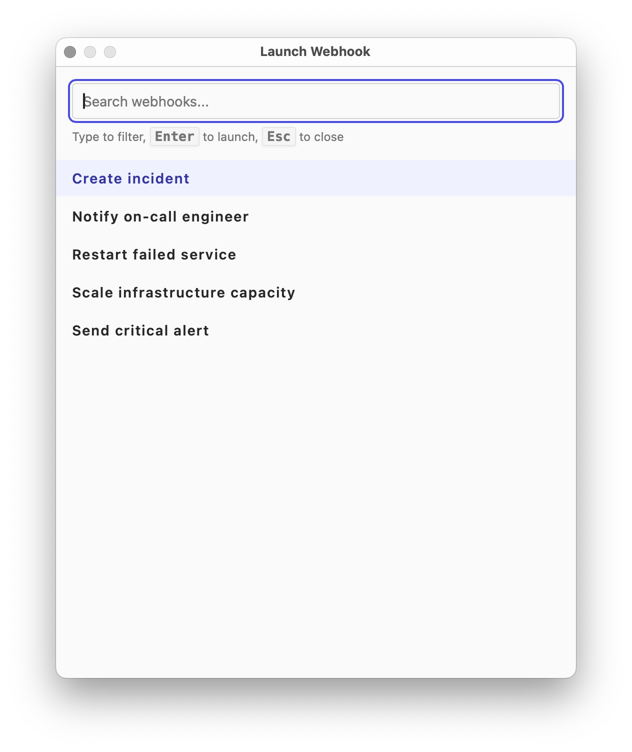 Quick launcher for searching and selecting a saved webhook trigger.